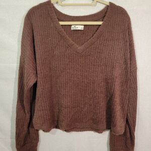 Hollister Fuzzy Knit Sweater Women’s Large Brown Cropped Soft Cozy V-Neck